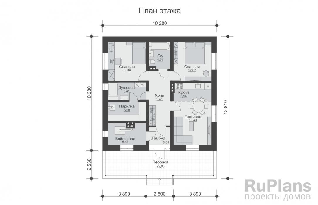 Планировка дома 8 на 10 одноэтажный с двумя спальнями из газобетона